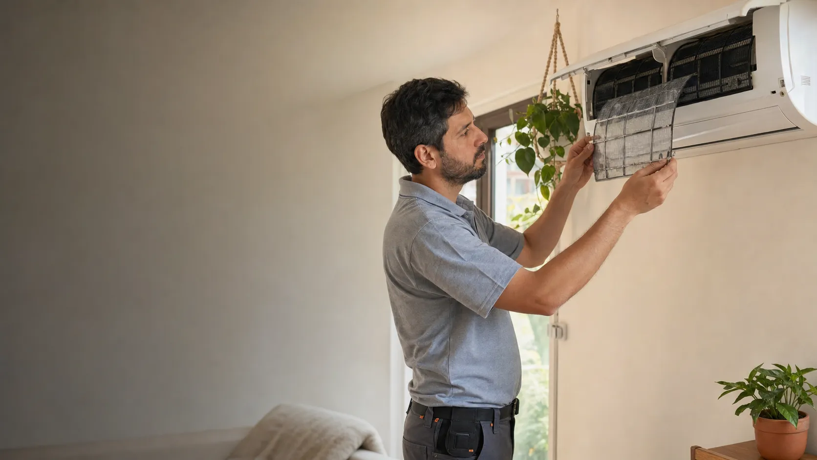Técnico revisando un equipo en una vivienda